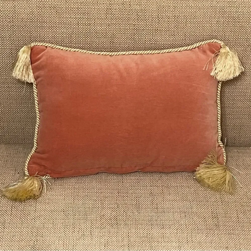 Vtg Handmade Embroidered Needle Point Tapestry Ruffle Tassel Rectangle Pillow